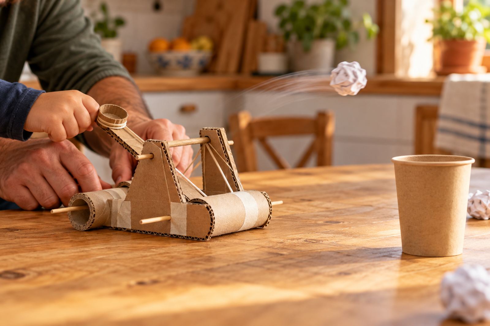 Pai e filho testam uma catapulta de cartão na mesa da cozinha